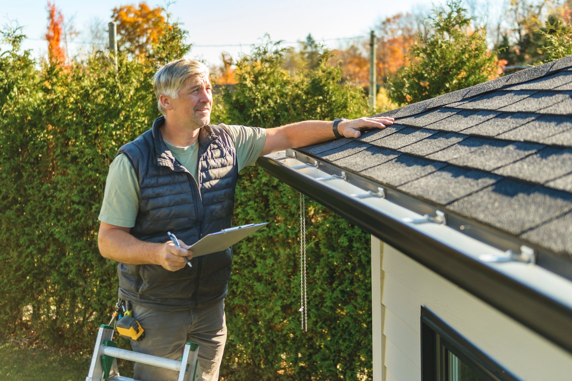 Professional contractor inspecting residential roof